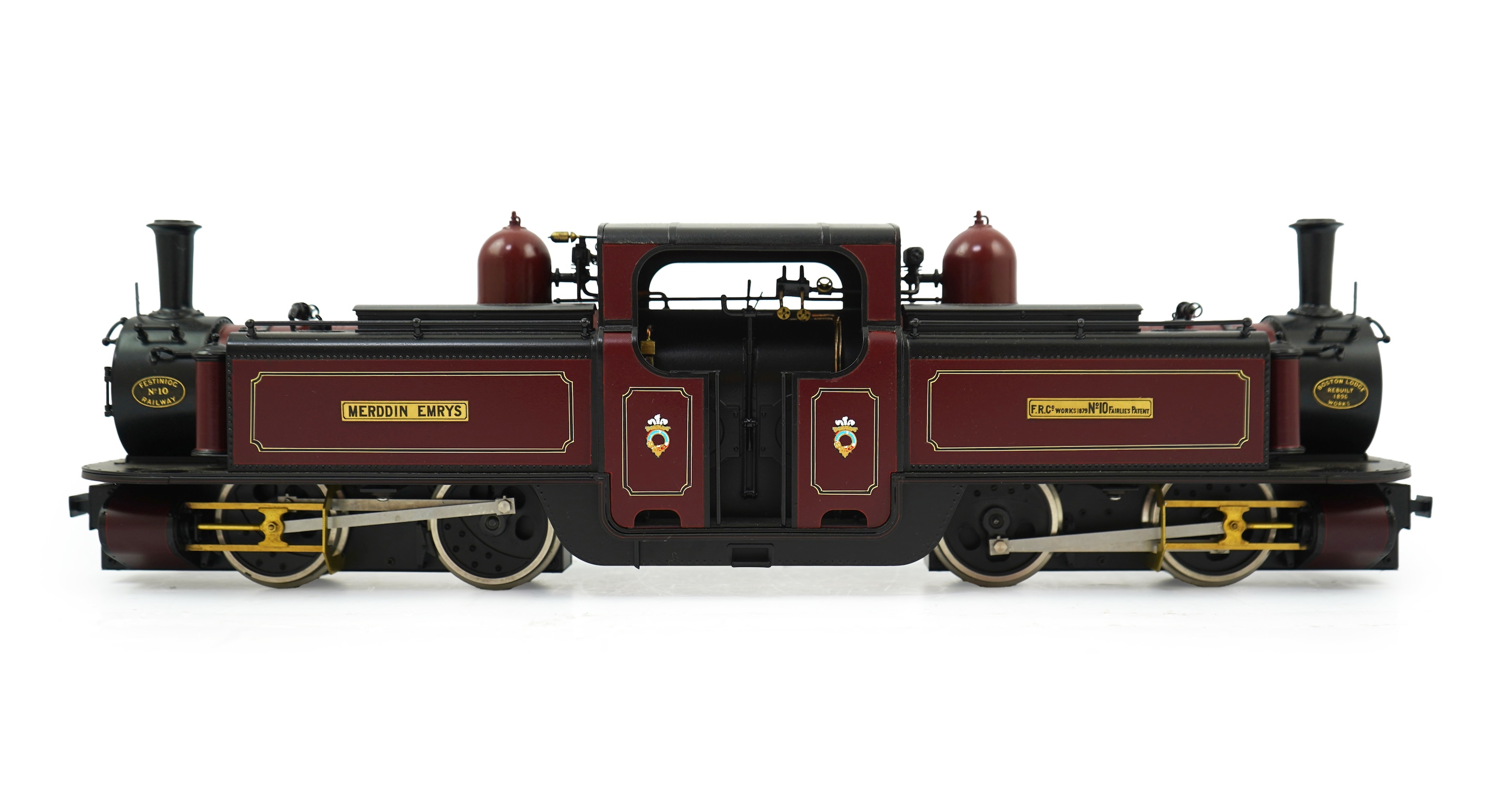 A 16mm scale (running on 32mm rails) commercially produced brass model of Ffestiniog Railway Double Fairlie narrow gauge locomotive Merddin Emrys No.10, powered for two rail operation.